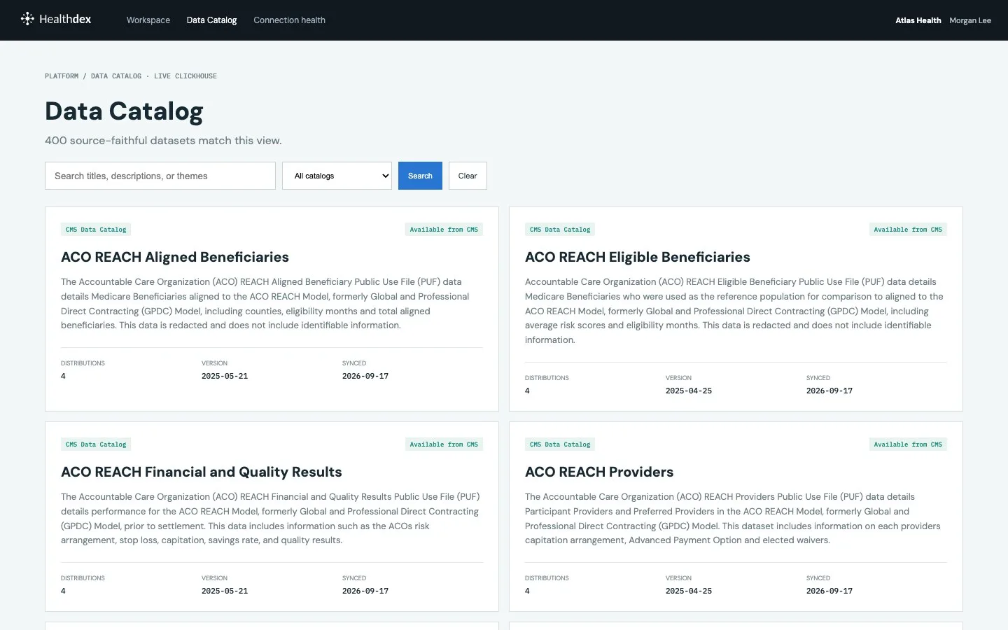 Illustrative Healthdex catalog and provenance view